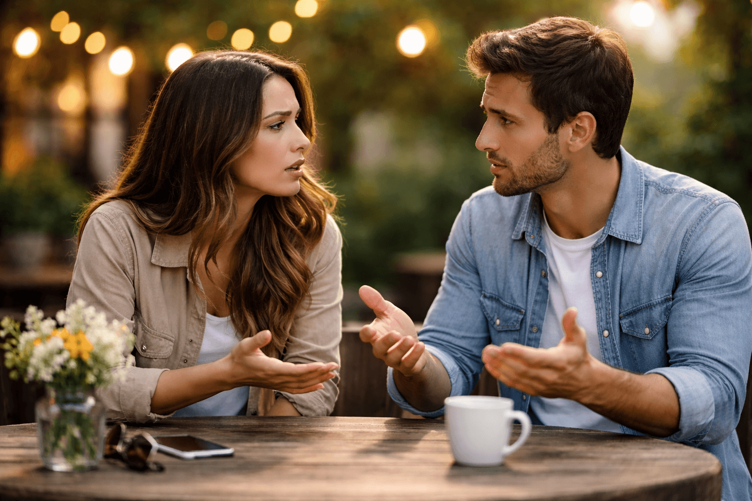 Couple having an honest conversation at an outdoor table