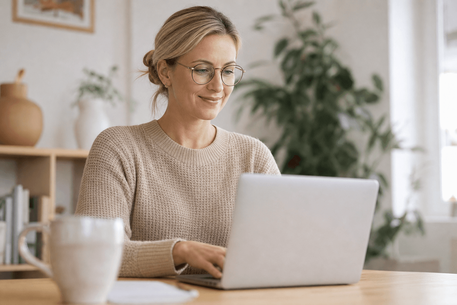 Professional coach reviewing client moments on her laptop in a warm home office