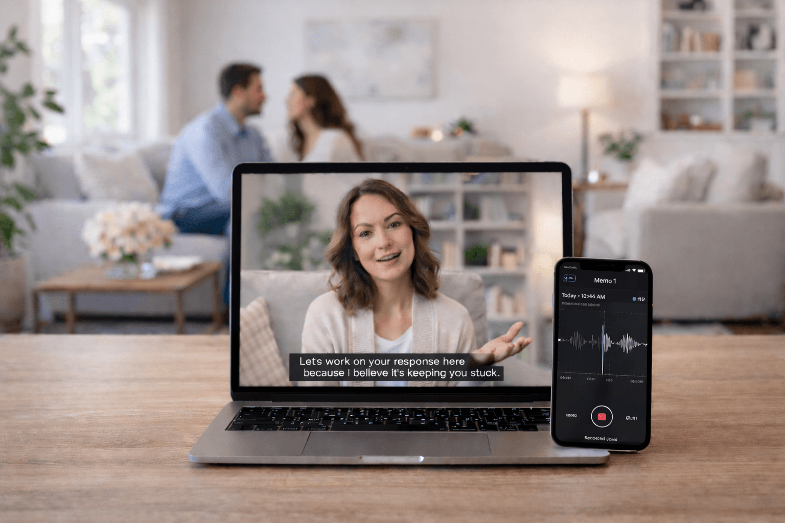 Video call with your coach on laptop, voice memo on phone; couple on sofa in background