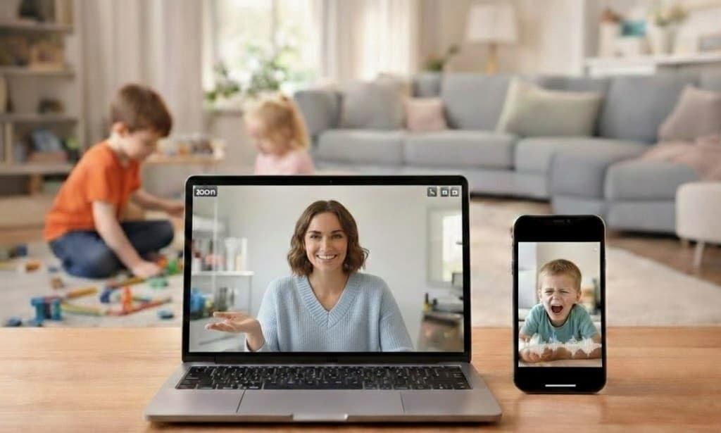 A coach on video call while a family moment unfolds at home