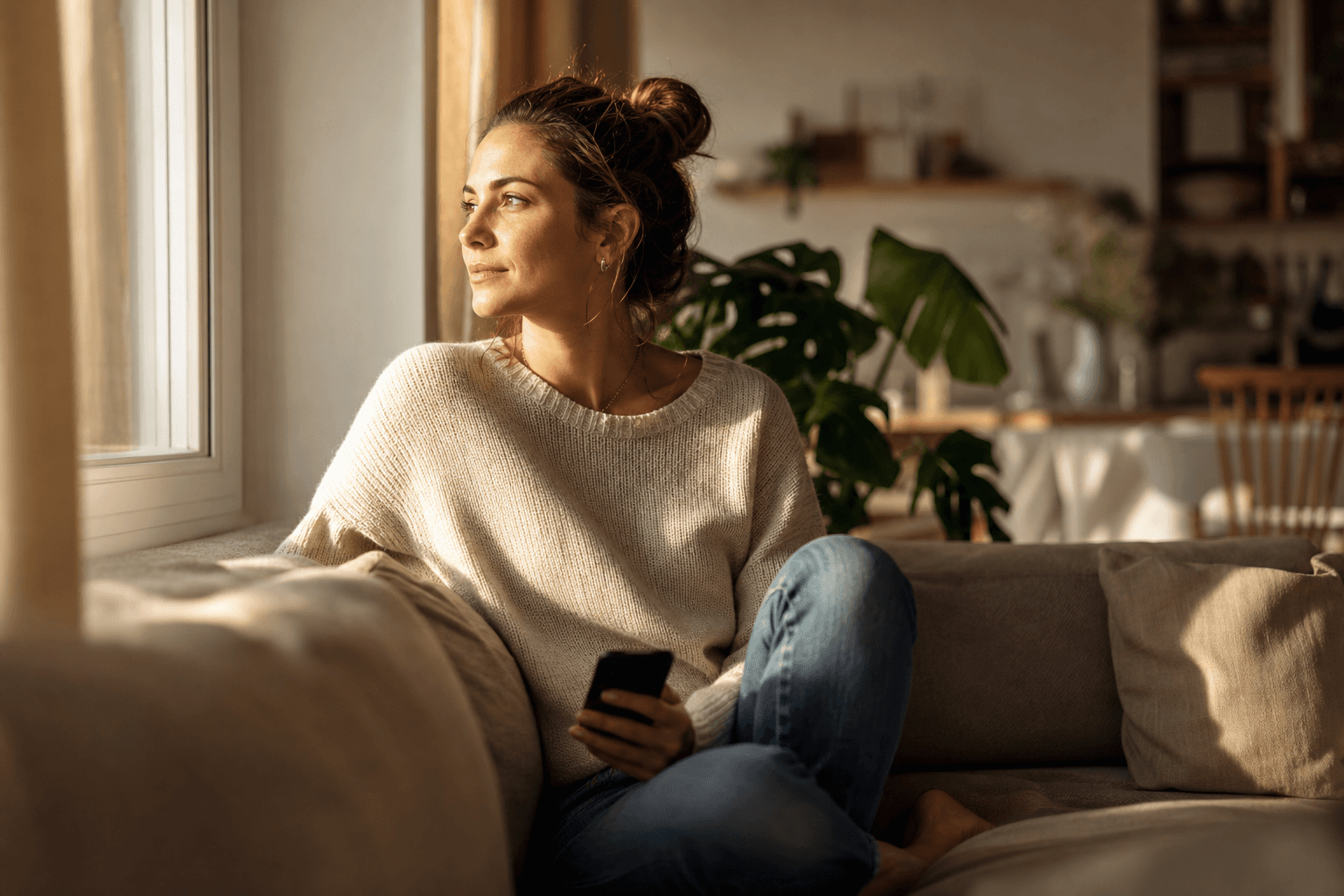 Woman sitting quietly at home in a reflective moment with her phone