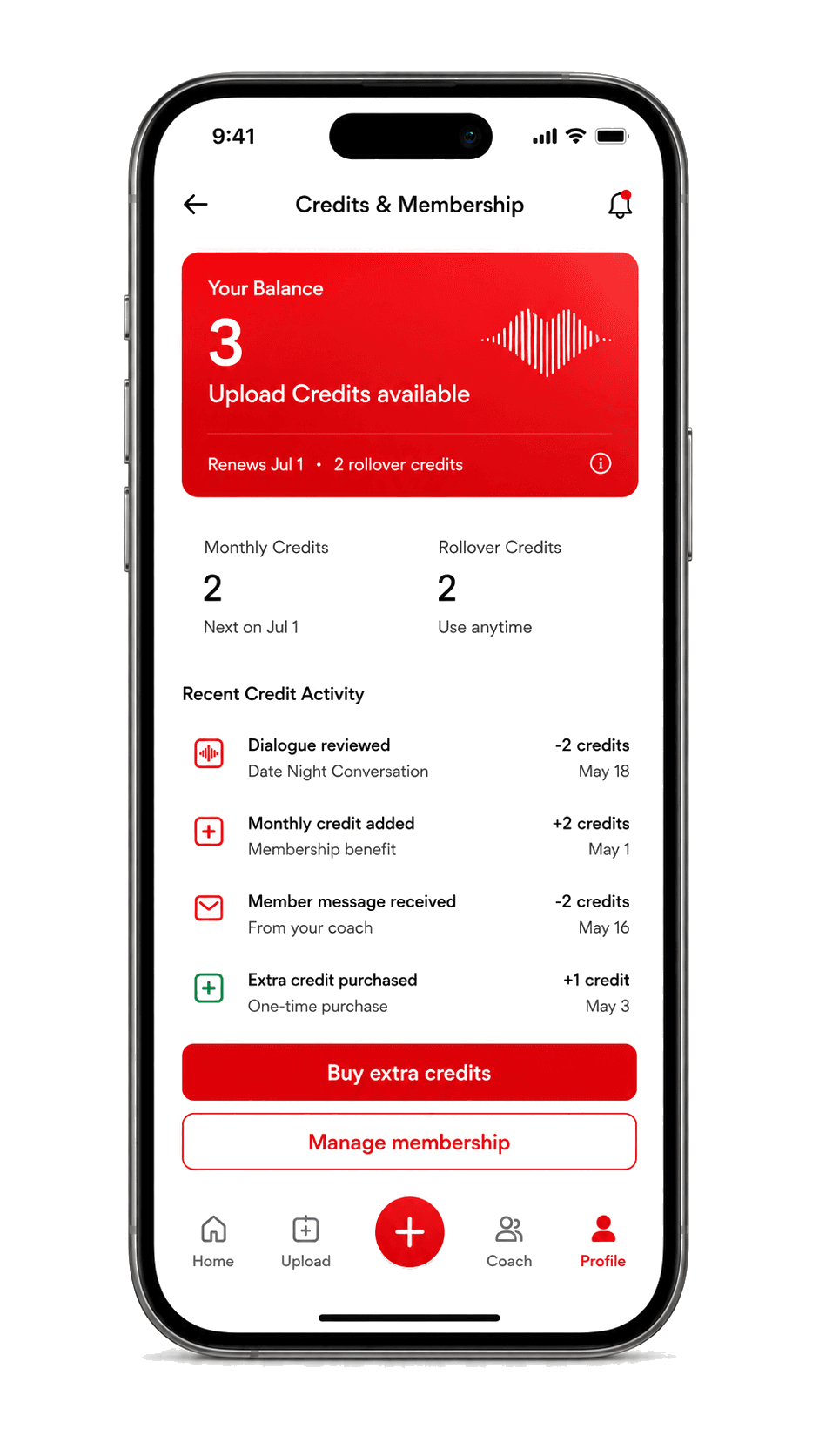 Witness Credits and Membership screen showing upload credit balance and recent activity